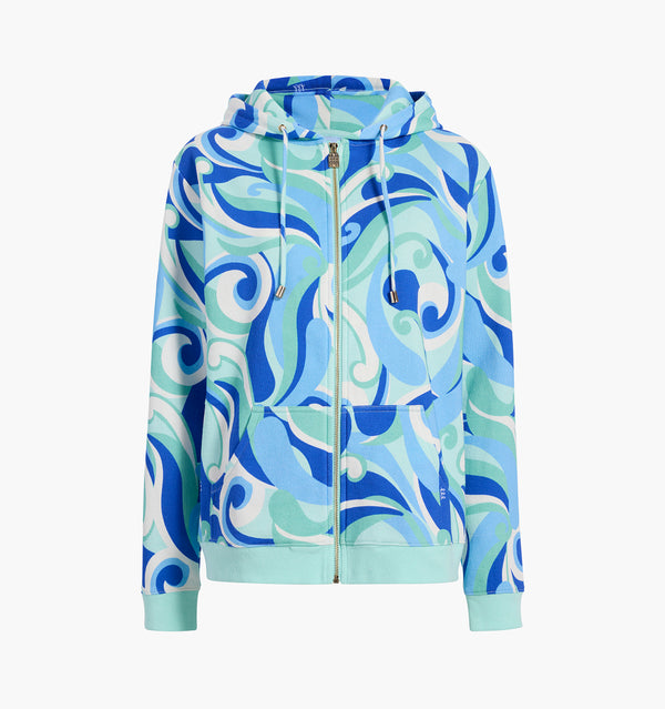 Ashika is 5'9.5" and wears an XS  in the Ocean Kaleidoscope Fleece color:ocean kaleidoscope fleece