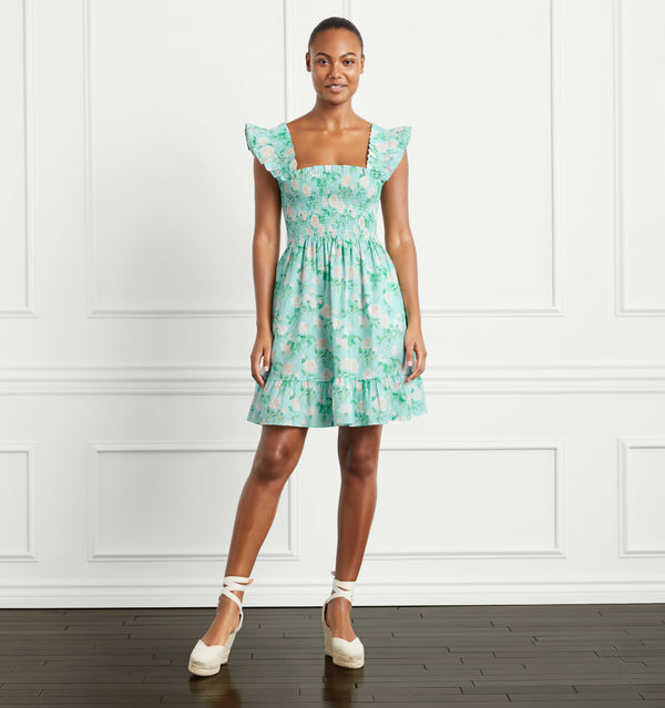 Ange-Marie is 5’10” and wears an XS in the Blue Roses Poplin color:blue roses poplin
